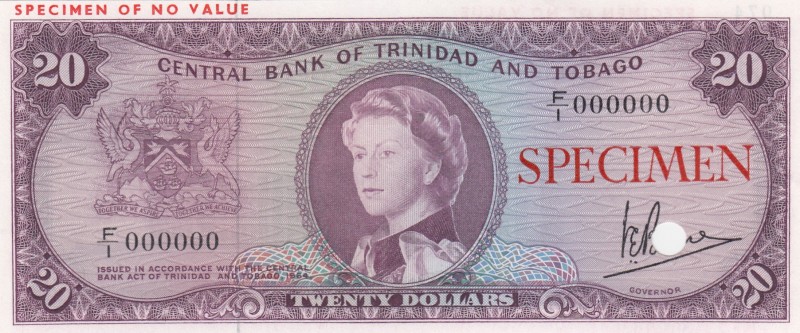 Trinidad & Tobago, 20 Dollars, 1964, UNC,p29cs, SPECİMEN
İmza: Victor E. Bruce...