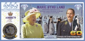 Fantasy Banknotes, 60 Penguino, 2013, UNC, Marie Byrd Land
Not real bankot
Serial Number: A000078
Estimate: 15 - 30 USD