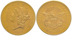 USA
20 Dollars, Philadelphia, 1852, AU 33.43 g.
Ref : Fr. 169, KM#74.1
Conservation : PCGS AU55