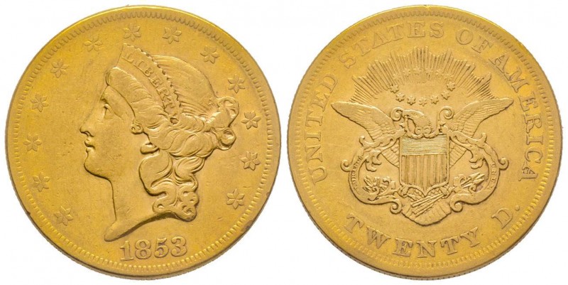 USA
20 Dollars, Philadelphia, 1853, AU 33.43 g.
Ref : Fr. 169, KM#74.1
Conservat...