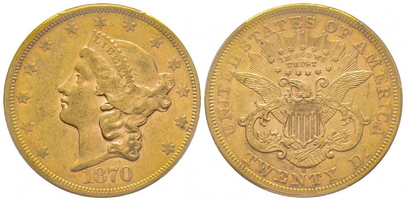 USA
20 Dollars, San Francisco, 1870 S, AU 33.43 g.
Ref : Fr. 175, KM#74.2 
Conse...