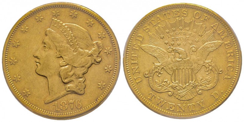 USA
20 Dollars, Carson City, 1876 CC, AU 33.43 g.
Ref : Fr. 176, KM#74.2
Conserv...