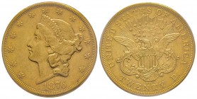 USA
20 Dollars, Carson City, 1876 CC, AU 33.43 g.
Ref : Fr. 176, KM#74.2
Conservation : PCGS AU53
