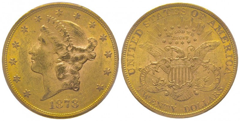 USA 
20 Dollars, Philadelphia, 1878, AU 33.43g. 
Ref : KM#74.3, Fr.177 
Conserva...