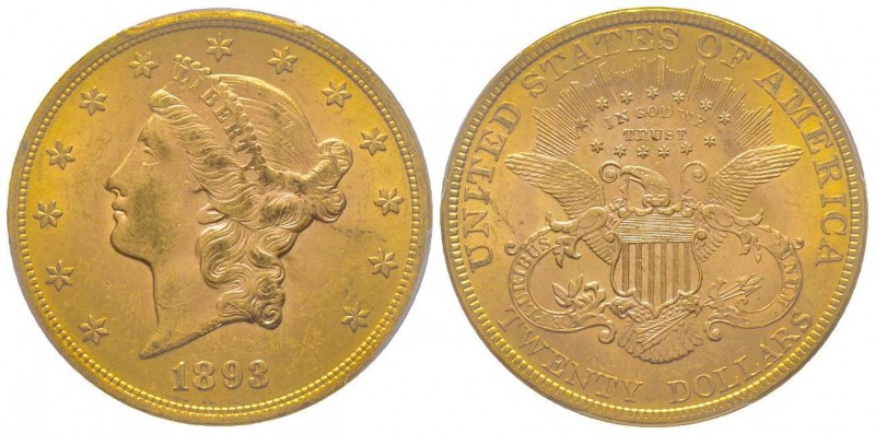 USA 
20 Dollars, Philadelphia, 1893, AU 33.43g. 
Ref : KM#74.3, Fr.177 
Conserva...