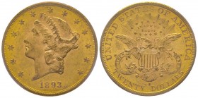 USA
20 Dollars, San Francisco, 1893 S, AU 33.43 g.
Ref : Fr. 172, KM#74.1
Conservation : PCGS MS62