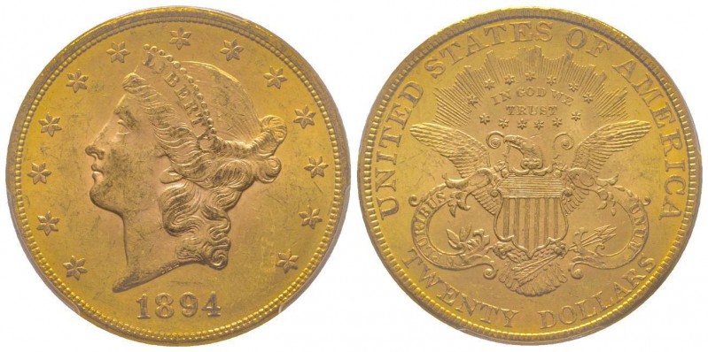 USA 
20 Dollars, Philadelphia, 1894, AU 33.43g. 
Ref : KM#74.3, Fr.177 
Conserva...