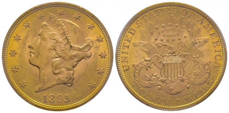 USA 
20 Dollars, Philadelphia, 1895, AU 33.43g. 
Ref : KM#74.3, Fr.177 
Conserva...