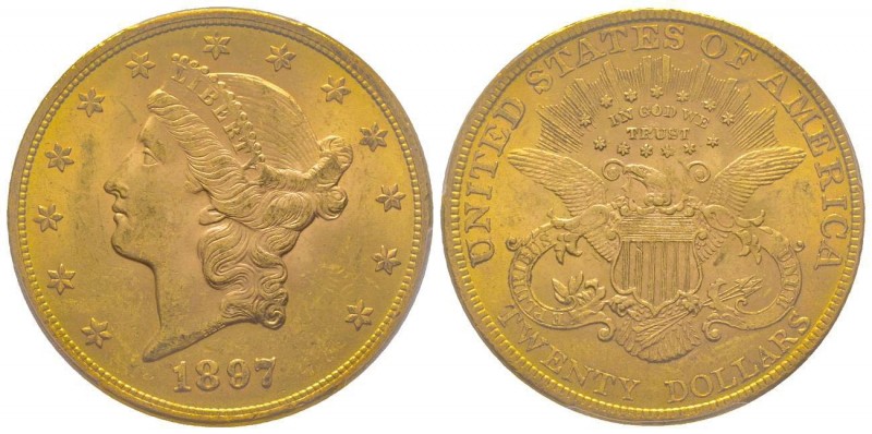 USA 
20 Dollars, Philadelphia, 1897, AU 33.43g. 
Ref : KM#74.3, Fr.177 
Conserva...