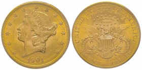 USA
20 Dollars, San Francisco, 1901 S, AU 33.43 g.
Ref : Fr. 172, KM#74.1
Conservation : PCGS MS62