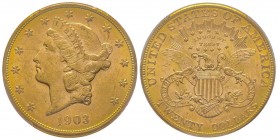 USA
20 Dollars, San Francisco, 1903 S, AU 33.43 g.
Ref : Fr. 172, KM#74.1
Conservation : PCGS MS62