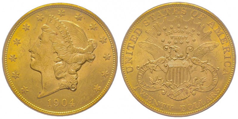 USA 
20 Dollars, Philadelphia, 1904, AU 33.43g. 
Ref : KM#74.3, Fr.177 
Conserva...