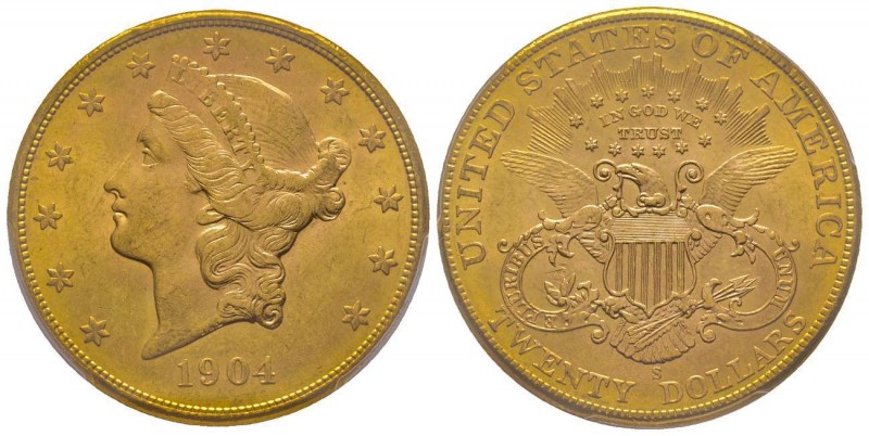 USA
20 Dollars, San Francisco, 1904 S, AU 33.43 g.
Ref : Fr. 172, KM#74.1
Conser...
