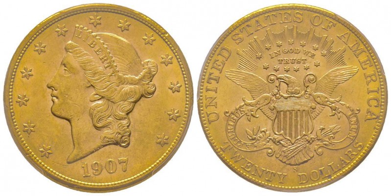 USA
20 Dollars, San Francisco, 1907 S, AU 33.43 g.
Ref : Fr. 172, KM#74.1
Conser...