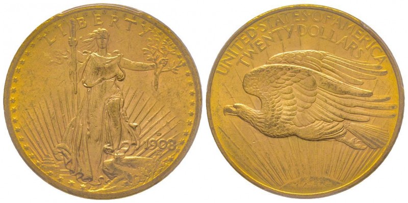 USA
20 Dollars, Denver, 1908 D, AU 33.43 g.
Ref : Fr. 184, KM#127
Conservation :...