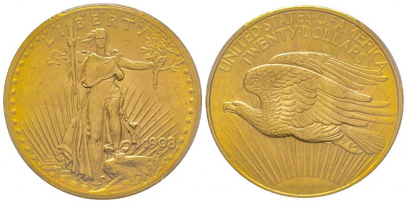 USA
20 Dollars, Philadelphia, 1908, AU 33.43 g.
Ref : Fr. 183, KM#127
Conservati...