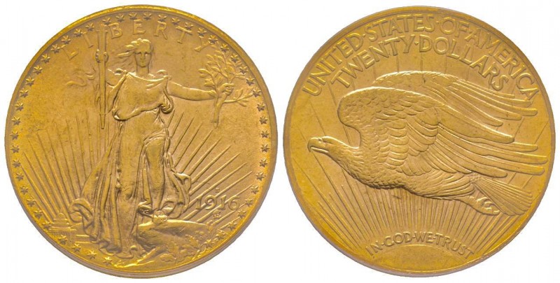 USA
20 Dollars, San, Francisco 1916 S, AU 33.43 g.
Ref : Fr. 172, KM#74.1 
Conse...