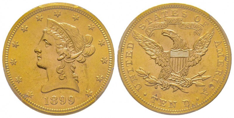 USA
10 Dollars, Philadelphia, 1899, AU 16.72 g. 
Ref : KM 102, Fr. 158 
Conserva...