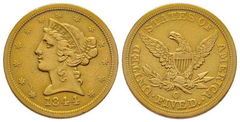USA
5 Dollars, New Orleans, 1844 O AU 8.36 g.
Ref : Fr. 147, KM#101 
Conservatio...