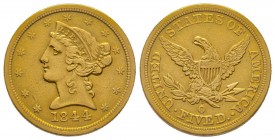 USA
5 Dollars, New Orleans, 1844 O AU 8.36 g.
Ref : Fr. 147, KM#101 
Conservation : TTB/SUP
