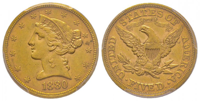 USA
5 Dollars, Philadelphia, 1880 AU 8.36 g.
Ref : Fr. 143, KM#101
Conservation ...