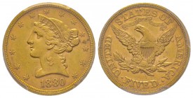 USA
5 Dollars, Philadelphia, 1880 AU 8.36 g.
Ref : Fr. 143, KM#101
Conservation : PCGS AU58