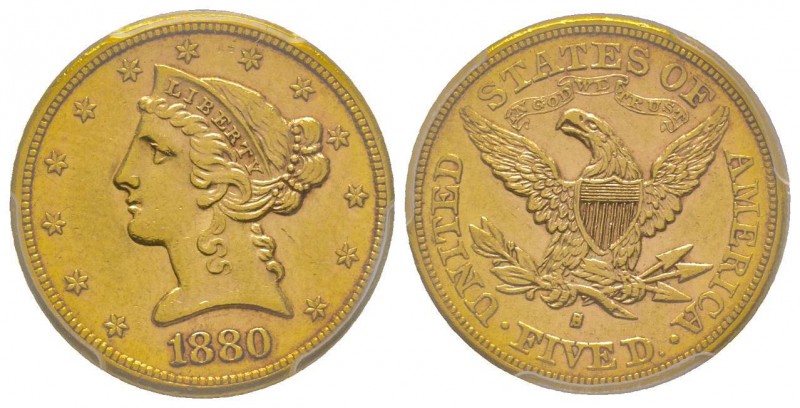 USA
5 Dollars, San Francisco, 1880 S AU 8.36 g.
Ref : Fr. 145, KM#101
Conservati...