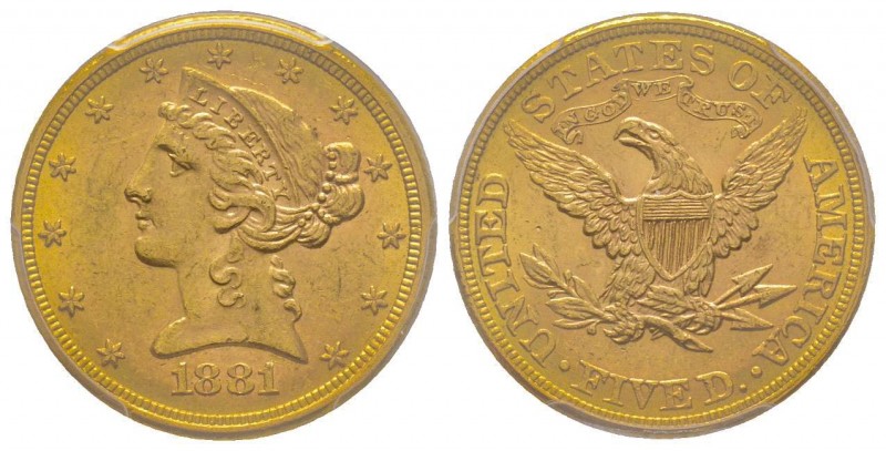 USA
5 Dollars, Philadelphia, 1881 AU 8.36 g.
Ref : Fr. 143, KM#101
Conservation ...