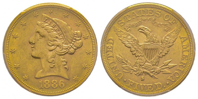 USA
5 Dollars, San Francisco, 1886 S AU 8.36 g.
Ref : Fr. 145, KM#101
Conservati...