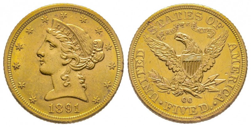 USA
5 Dollars, Carson City, 1891 CC, AU 8.36 g.
Ref : Fr. 146, KM#101 
Conservat...