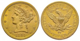 USA
5 Dollars, Carson City, 1891 CC, AU 8.36 g.
Ref : Fr. 146, KM#101 
Conservation : rayure sinon Superbe
