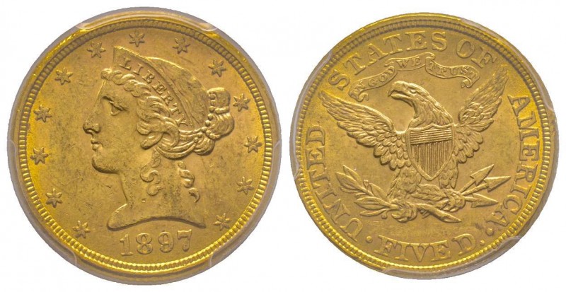 USA
5 Dollars, Philadelphia, 1897 AU 8.36 g.
Ref : Fr. 143, KM#101
Conservation ...