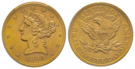 USA
5 Dollars, Philadelphia, 1899 AU 8.36 g.
Ref : Fr. 143, KM#101
Conservation : PCGS MS62