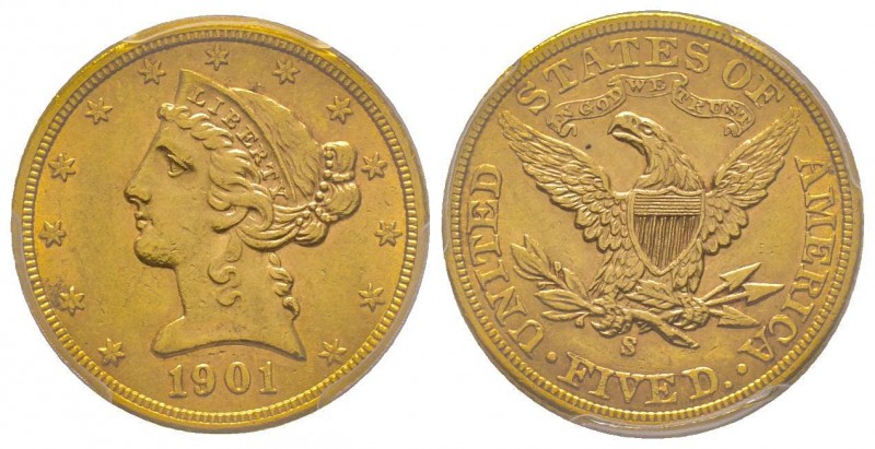 USA
5 Dollars, San Francisco, 1901 S AU 8.36 g.
Ref : Fr. 145, KM#101
Conservati...