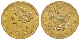 USA
5 Dollars, Philadelphia, 1904 AU 8.36 g.
Ref : Fr. 143, KM#101
Conservation : PCGS AU58