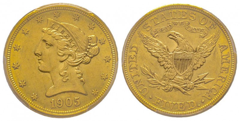 USA
5 Dollars, Philadelphia, 1905 AU 8.36 g.
Ref : Fr. 143, KM#101
Conservation ...