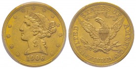 USA
5 Dollars, Philadelphia, 1906 AU 8.36 g.
Ref : Fr. 143, KM#101
Conservation : PCGS MS61