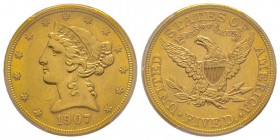 USA
5 Dollars, Philadelphia, 1907 AU 8.36 g.
Ref : Fr. 143, KM#101
Conservation : PCGS MS62