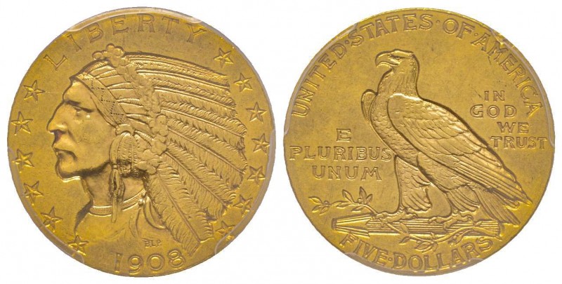 USA
5 Dollars Indian, Philadelphia, 1908, AU 8.35 g.
Ref : Fr. 148 , KM#129
Cons...