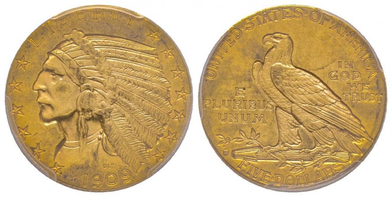 USA
5 Dollars, Denver, 1909 D, AU 8.35 g.
Ref : Fr. 151 
Conservation : PCGS MS6...