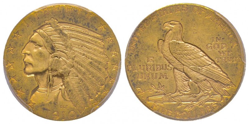 USA
5 Dollars, Denver, 1910 D, AU 8.35 g.
Ref : Fr. 151 
Conservation : PCGS AU5...