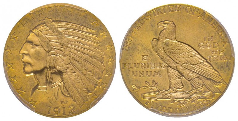 USA
5 Dollars, Philadelphia, 1912, AU 8.35 g.
Ref : Fr. 148 , KM#129
Conservatio...
