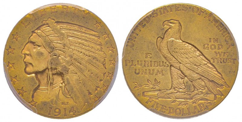 USA
5 Dollars, Denver, 1914 D, AU 8.35 g.
Ref : Fr. 151 
Conservation : PCGS AU5...