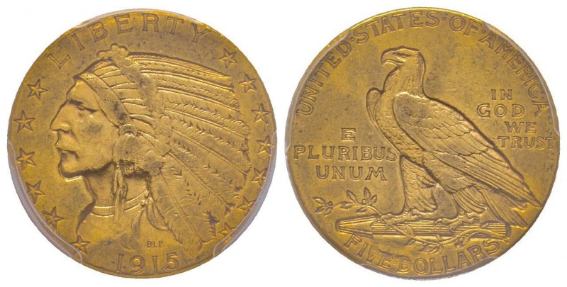 USA
5 Dollars, Philadelphia, 1915, AU 8.35 g.
Ref : Fr. 148 , KM#129
Conservatio...