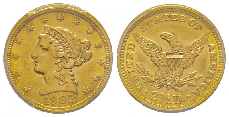 USA
2.5 Dollars, Philadelphie, 1902, AU 4.18 g.
Ref : Fr. 120, KM#72
Conservatio...