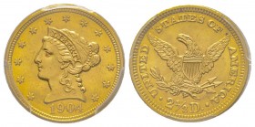 USA
2.5 Dollars, Philadelphie, 1904, AU 4.18 g.
Ref : Fr. 120, KM#72
Conservation : PCGS MS64