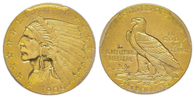 USA
2.5 Dollars, Philadelphie, 1909, AU 4.18 g.
Ref : Fr. 120, KM#72
Conservatio...