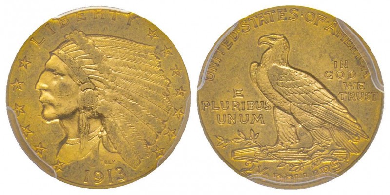 USA
2.5 Dollars, Philadelphie, 1913, AU 4.18 g.
Ref : Fr. 120, KM#72
Conservatio...