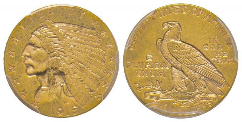 USA
2.5 Dollars, Philadelphie, 1915, AU 4.18 g.
Ref : Fr. 120, KM#72
Conservatio...