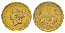 USA
1 Dollar, Philadelphia, 1849, Open Wreath, AU 1.67 g. 
Ref : Fr. 84, KM#73
Conservation : PCGS AU58
